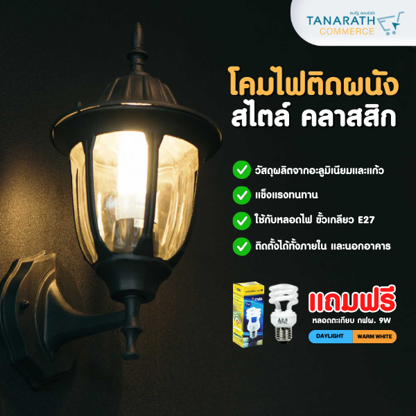 โคมไฟติดผนัง โคมไฟคลาสสิค แถมฟรี หลอดตะเกียบ กฟผ. 9 วัตต์ โคมไฟกิ่งติดผนัง ยี่ห้อ LeKise (เลคิเซ่)