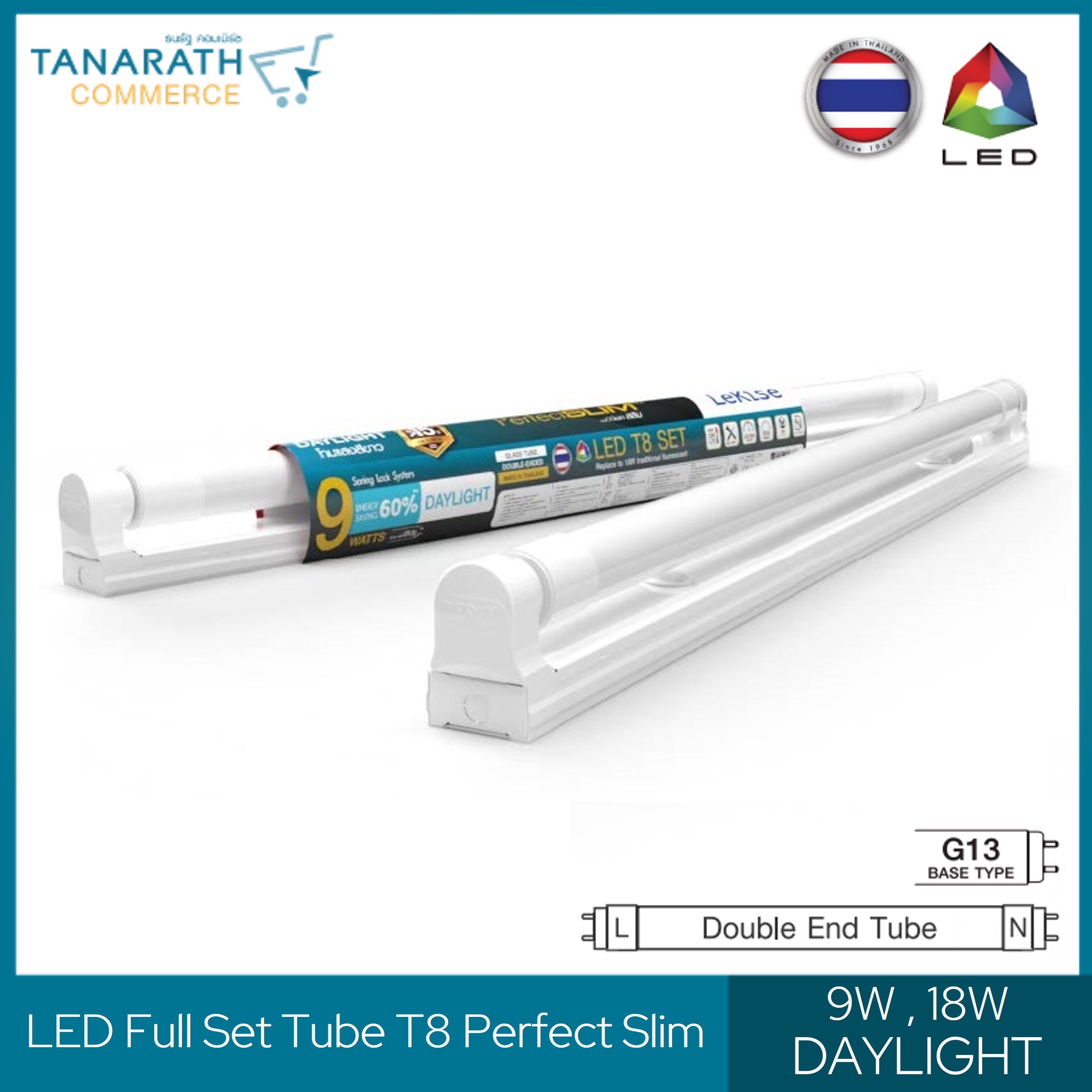 LeKise LED Full Set Tube T8 - Perfect Slim Double-ended ขั้วสปริงไฟเข้าสองทาง